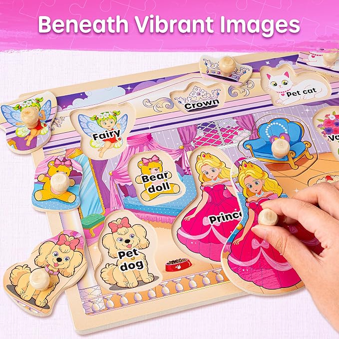 SYNARRY Wooden Puzzles for Toddlers 1-3, 6XSET Toddlers Puzzles Ages 1-3 with Rack, Learning Alphabet Number Shape Unicorn Princess Mermaid Animal, Gifts Toys for Girls Ages 2-4