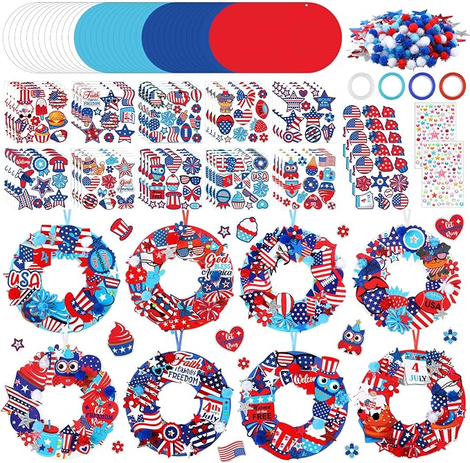 Hollowfly 48 Sets Patriotic Craft Kit, 4th of July Wreath DIY Paper | Pre-cut Foam Paper Pieces for Easy Assembly, Kids Classroom Party Crafts, Memorial Independence Day 250th Anniversary Decor