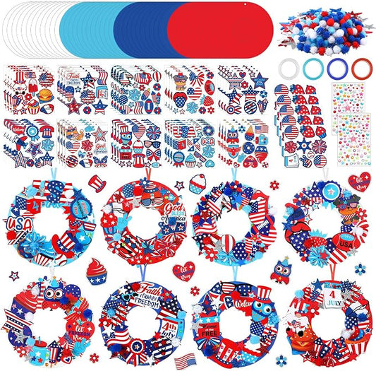 Hollowfly 48 Sets Patriotic Craft Kit, 4th of July Wreath DIY Paper | Pre-cut Foam Paper Pieces for Easy Assembly, Kids Classroom Party Crafts, Memorial Independence Day 250th Anniversary Decor