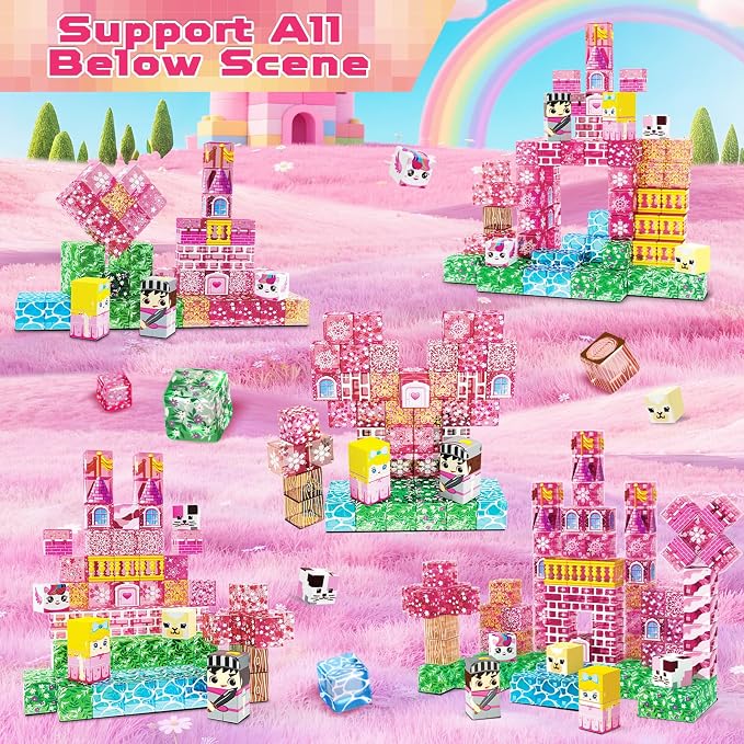 Magnetic Blocks - 100 PCS Transparent Magnetic Building Block for Kids, Pink Princess Castle Magnet Cubes Sets, Princess Toys for Girls Ages 3 4 5 6 7 8-12 Birthday Gifts