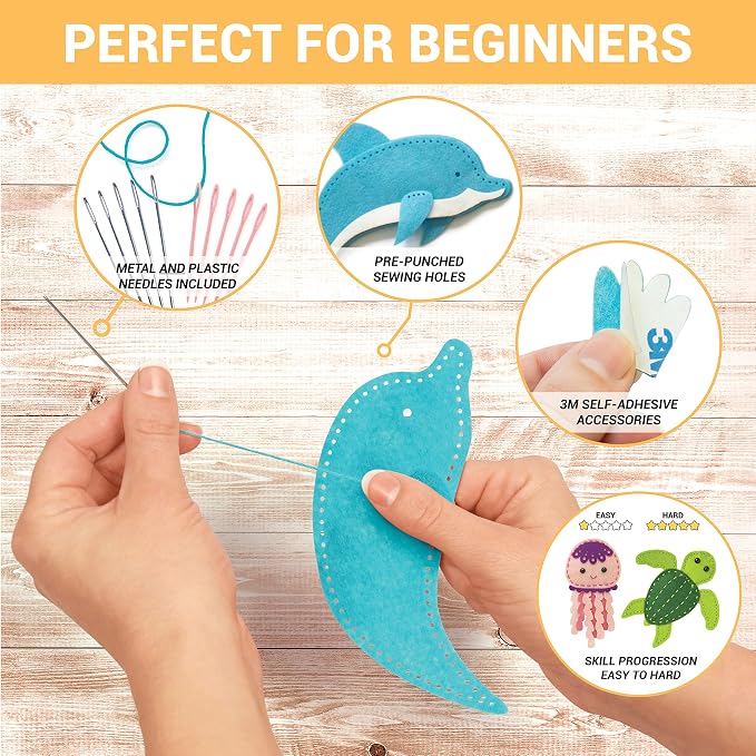 Craftorama Sewing Kit for Kids, Fun and Educational Sea Animal Craft Set for Boys and Girls Age 7-12, Sew Your Own Felt Animals Craft Kit for Beginners, 165 Piece Set