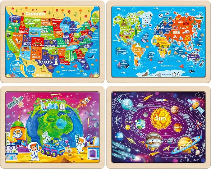 SYNARRY Large USA Map, World Map & Solar System Wooden Puzzles Ages 4-6 | Puzzles for Kids Ages 3-5, Birthday Gifts for Boys & Girls, Educational Geography & STEM Toys, Screen-Free Play