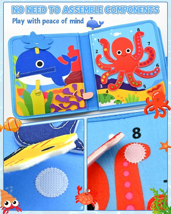 Ocean Busy Board for Toddlers 1-3 - Montessori Learning Toy with Sea Animals & Life Skills, Travel Book for 1 2 3 Year Old Boys Girls, Educational Toddler Toy for Car & Airplane Travel