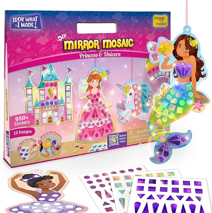 Imagimake Mirror Mosaic - Princess & Unicorn, 10 Templates, 950+ Stickers | Mess-Free Craft Activity, Screen-Free Creative Play, DIY Art Kit for Kids, Birthday Gift for Girls Ages 3,4,5,6,7 Years Old