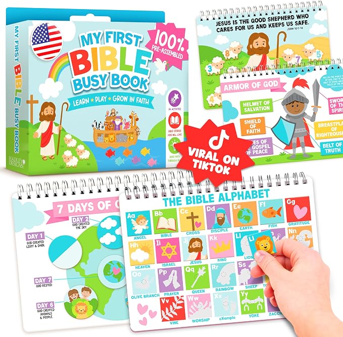 Hadley Designs My First Bible Busy Book Toddlers 3-5, Montessori Preschool Learning Activities Age 4-5, 152 Pcs Velcro Bible Activity Book, Church Quiet Activities for Kids, Noahs Ark Toys for Toddler