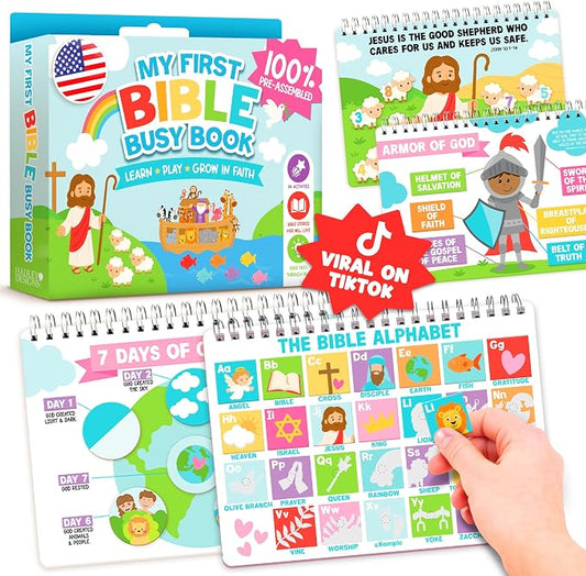 Hadley Designs My First Bible Busy Book Toddlers 3-5, Montessori Preschool Learning Activities Age 4-5, 152 Pcs Velcro Bible Activity Book, Church Quiet Activities for Kids, Noahs Ark Toys for Toddler