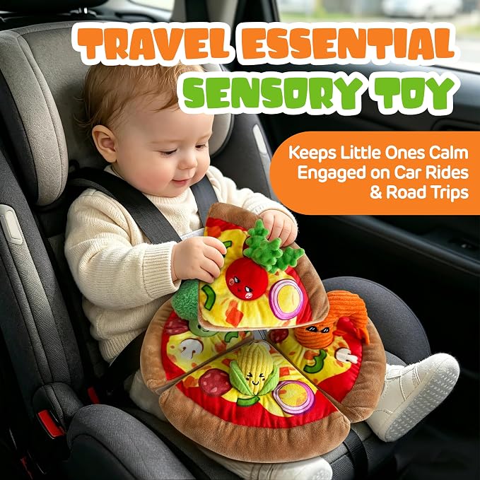 Montessori Baby Sensory Pizza Plush Toy with Peel & Stick for 6-36 Months | Crinkle Rattle Squeaker Play Food, Soft Baby-Safe Multi-Textured, STEM Fine Motor Skills, Boy Girl Baby Shower Birthday Gifts