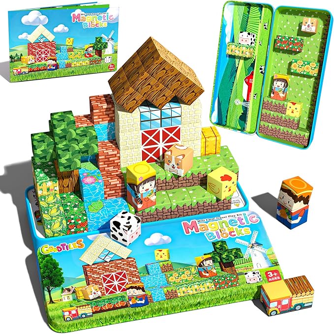 Mini Magnetic Blocks, Magnet Building Cubes, Farm Animal Travel Outdoors Toys with Portable Iron Box, STEM Montessori Sensory Educational Toys for Toddlers, Gift for Kids Ages 3-8 Boys & Girls