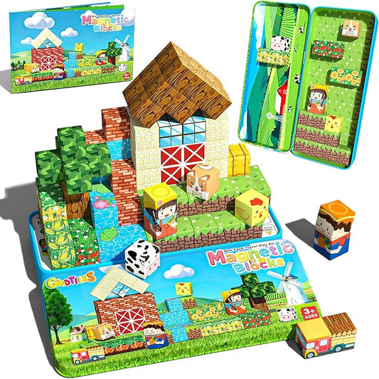 Mini Magnetic Blocks, Magnet Building Cubes, Farm Animal Travel Outdoors Toys with Portable Iron Box, STEM Montessori Sensory Educational Toys for Toddlers, Gift for Kids Ages 3-8 Boys & Girls