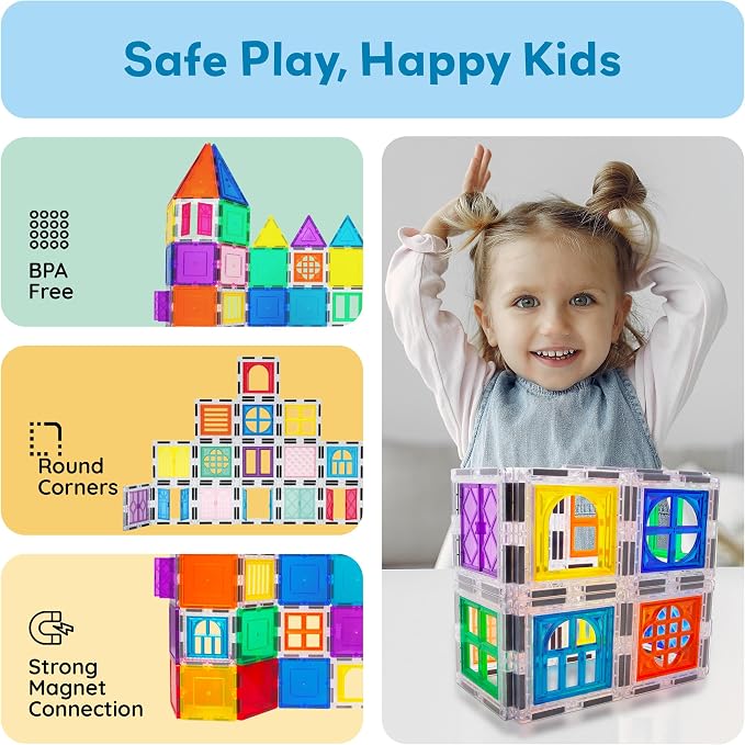 PicassoTiles 40pcs Magnetic Tiles Clip-in Window and Door Expansion Set, Magnetic Block Add-ons, Magnet Building Construction Toys, STEM Education Learning Block for Toddler Boys and Girls 3+ PTW40