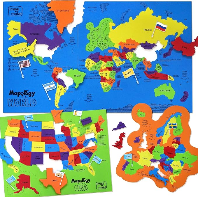 Imagimake Mapology USA & World Map Puzzle, Learn Countries, Flags, Capitals | Educational Toy, Match Flags & Capitals, Back to School Gift for Boys & Girls Ages 5,6,7,8,9,10,11,12 Years Old