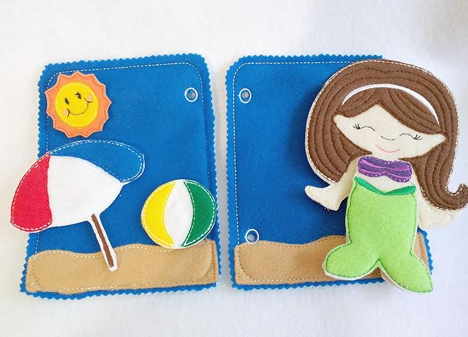Children's Felt Quiet Book for Toddler, 2 Beach Pages with Felt Doll and 9 Pieces - Gift for Girl - Imaginative PlayQB153