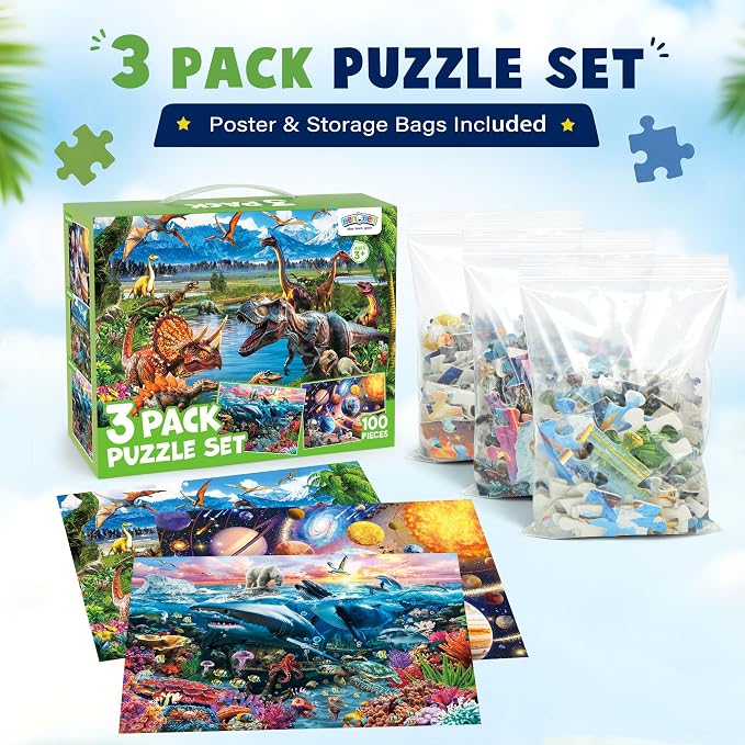 BenBen 3 Pack 100 Piece Puzzles for Kids Ages 4-6 6-8, Dinosaur Space Ocean | Large Pieces Jigsaw Puzzles for Toddlers 3-5, Screen-free Activity Learning & Educational Toys for Kids 8-10, 19.75” x 13.75”