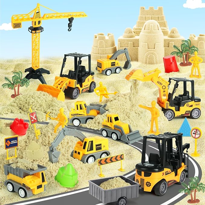 Helsort 37 Pcs Sand Construction Kit with Magic Sand, Sandbox, 8 Trucks | Foldable Sand Box, 2.2lbs Sand, 8 Construction Trucks, Crane, Worker, Road Signs, Molds, Shovel, Ideal Gifts for Kids 3+