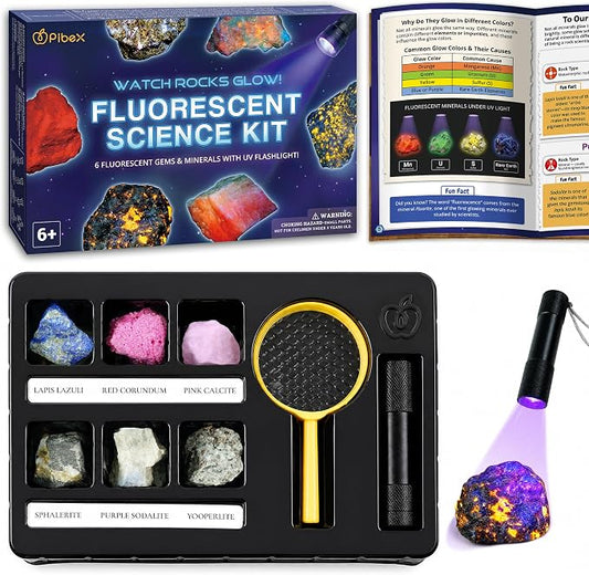 PIBEX Fluorescent Rock Science Kit, 6 Glowing Rocks, with UV Flashlight | 365nm UV Reactive Minerals ~1.5" Each, Fluorescence Experiment, Light-up Science Toy, STEM Geology Gift for Kids Ages 6-8-12