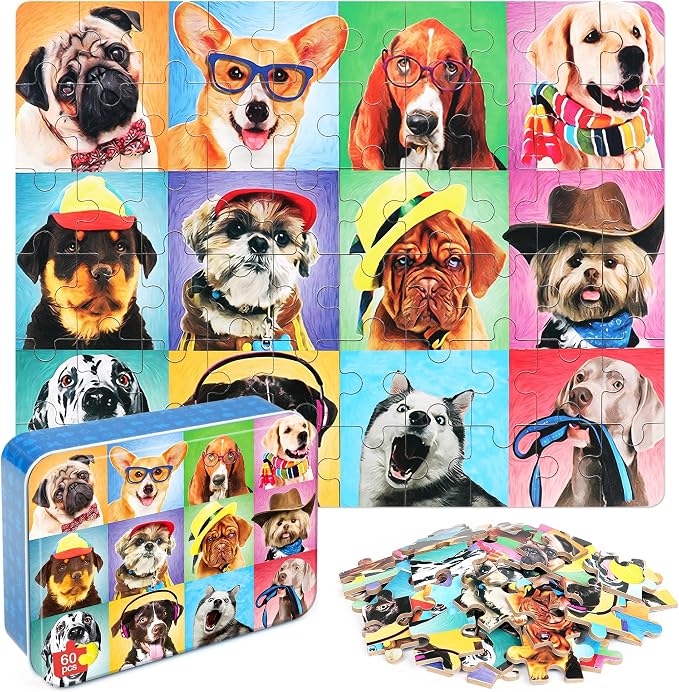 LELEMON Puzzles for Kids Ages 4-6,Dog 60 Piece Puzzles for Kids Ages 4-8 | Children Jigsaw Puzzles Kids Puzzles in a Metal Box,Educational Learning Puzzle Toys for Girls and Boys