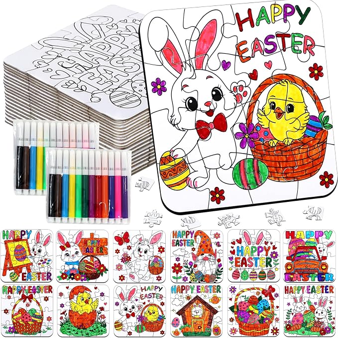 24 Pcs Easter Crafts Puzzle for Kids & Adults, Easter Gifts DIY Jigsaw with Egg Bunny Basket Flower, Spring April Arts and Craft for Party Favors Classroom Activities Coloring Games & Paper Toy Bulk