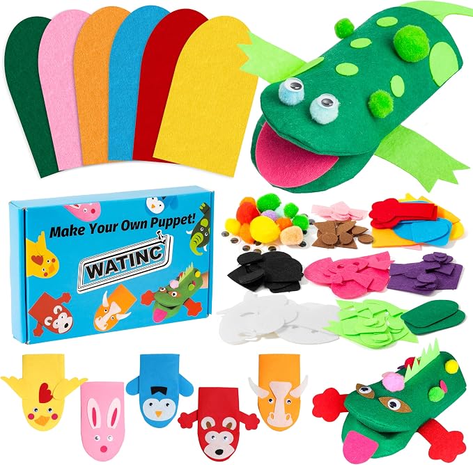 WATINC Hand Puppet Making Kit, Felt Sock Puppet Toys for Kids (Animals) | 6 Styles, Make Your Own Storytelling & Role Play Crafts, Creative Group Activity, Party Favors & Gifts for Kids Ages 4-8