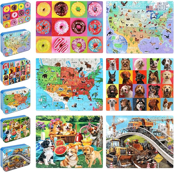 LELEMON Puzzles for Kids Ages 4-6,6 Pack 100 Piece Puzzles for Kids Ages 4-8 in a Metal Box,Educational Jigsaw Puzzles Puzzle Games Puzzle Toys for Girls and Boys