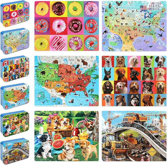 LELEMON Puzzles for Kids Ages 4-6,6 Pack 100 Piece Puzzles for Kids Ages 4-8 in a Metal Box,Educational Jigsaw Puzzles Puzzle Games Puzzle Toys for Girls and Boys