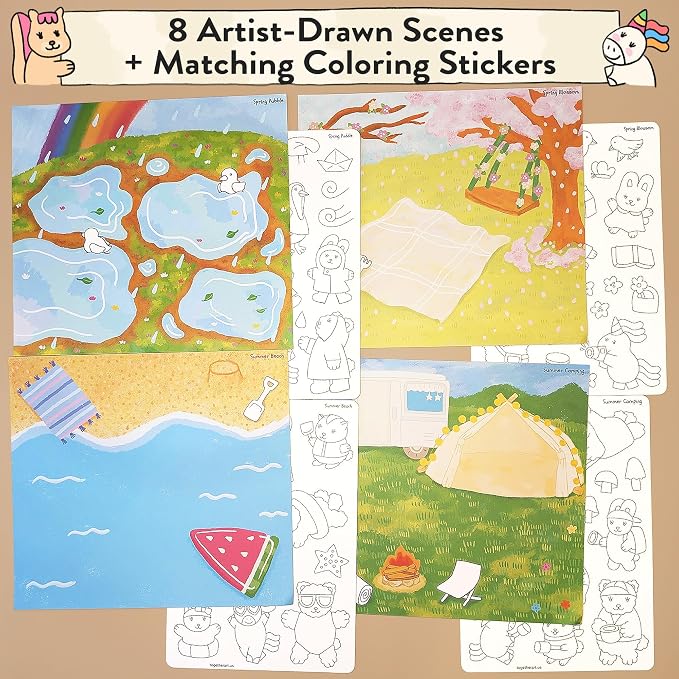 Seasonal Splendor 4-in-1 Four Seasons DIY Coloring Your Own Stickers Kit - Year-Round Arts and Crafts for Kids, Travel Activities, Storytelling Sticker Set, Boys Girls Ages 3-10+