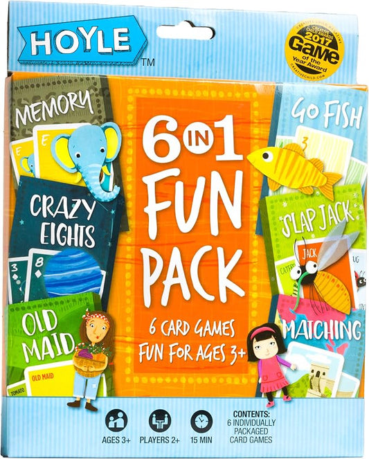 Hoyle 6-in-1 Kids Card Game Pack Go Fish Memory Old Maid Ages 3 Plus | 6 games in 1 pack Go Fish Memory Old Maid Crazy Eights Slap Jack and Matching, Ages 3 and up, 15 minutes or less