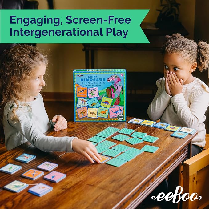 eeBoo Shiny Dinosaur Memory & Matching Game, Ages 3+, 1-4 Players | Teaches dinosaur names & pronunciation. Sharpens recognition, concentration & memory skills. Includes 48 foil tiles, 24 pairs