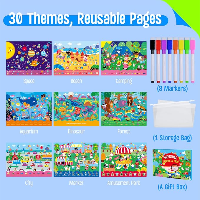 30 Dry Erase Activities Book, Reusable & Erasable Game Pad, Explore and Find Games Montessori Learning Tool Educational Autism Sensory Toys for Kids, Road Trip, Airplane, Travel (Markers Included)