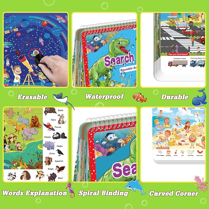Elfew Search and Find Reusable Activity Book for Kids 3-5 4-8, Travel Games | 24 Unique Themed, Wipe Clean Educational Toys, Car Games Travel Toys for Toddlers, Kids Airplane Road Trip Travel Essentials