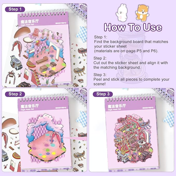 Scene Sticker – 20 Sets of DIY 3D House Scenes Cute Cartoon Stickers Kit for Kids & Adults – Fun Sticker Therapy Activity for Stress Relief, Crafts & Gifts (Purple-13 Scene)