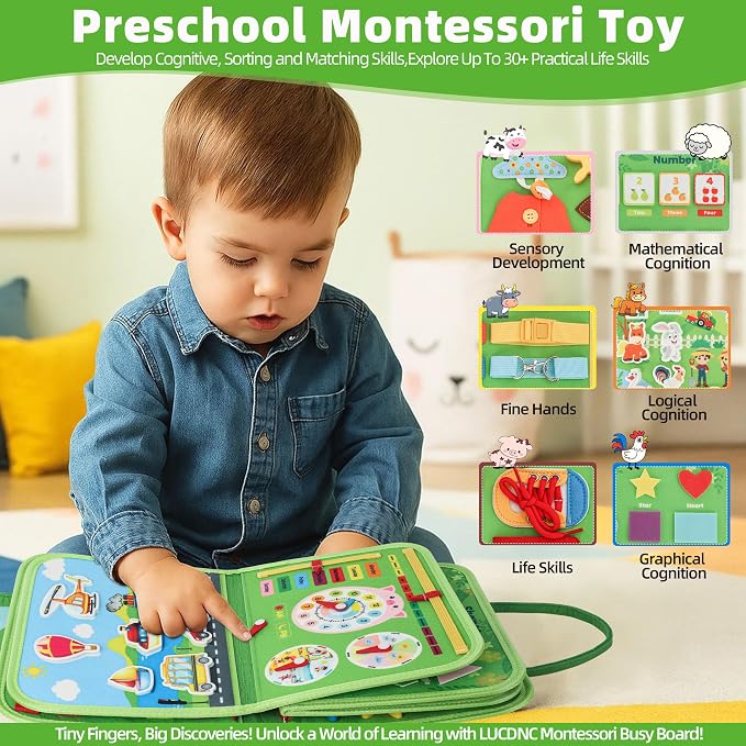 lucdnc Toddler Busy Board Montessori Toys, 10 Pages Felt Activity Book | over 3+ Year Old, Develops Fine Motor Skills, Educational Sensory Travel Toy, Airplane Car