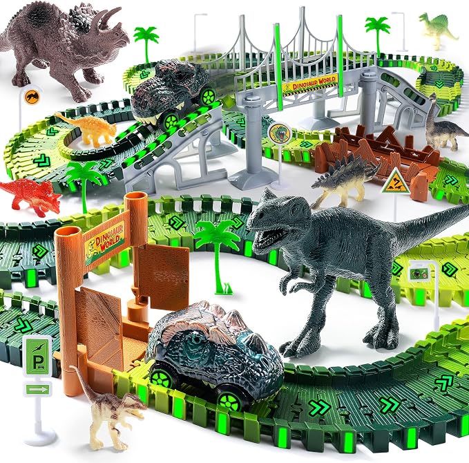 268 PCS Race Tracks Dinosaur Toys for Kids 3-5, Flexible DIY Track Set | Glow in The Dark Magic Toy Set, 2 Dinosaur Cars Track, Birthday Gift for Age 3-9 Boys Toddler Girls