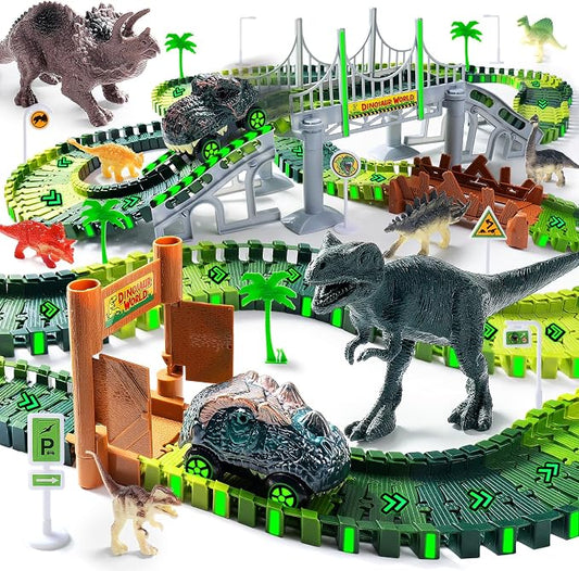 268 PCS Race Tracks Dinosaur Toys for Kids 3-5, Flexible DIY Track Set | Glow in The Dark Magic Toy Set, 2 Dinosaur Cars Track, Birthday Gift for Age 3-9 Boys Toddler Girls