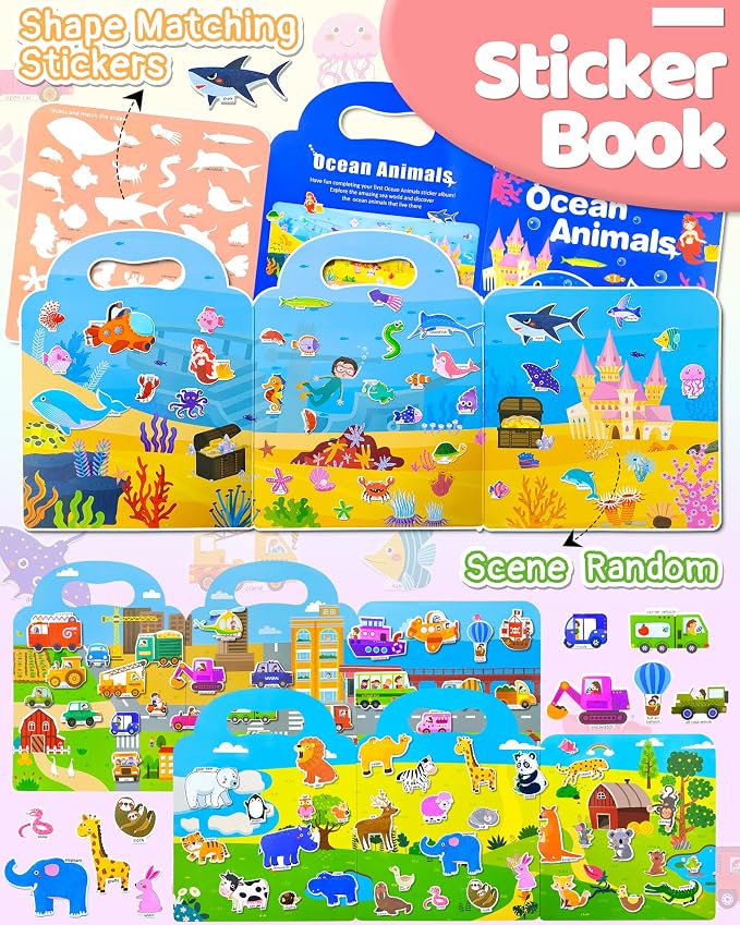 Benresive Reusable Sticker Book for Toddlers, Stickers for Kids, Travel Toy | Toddler Toys, Boys Girls Birthday Gifts, Airplane & Road Trip Essentials Kids, No Mess Waterproof Toddler Crafts Activities