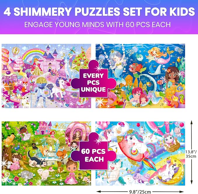 60 Piece Puzzles for Kids Ages 4-6 - 4 Glitter Toddler Puzzles Ages 3-5 | Unicorn, Princess and Animals Jigsaw Puzzles for Children Ages 6-8 - Gift Educational Game for Boys and Girls