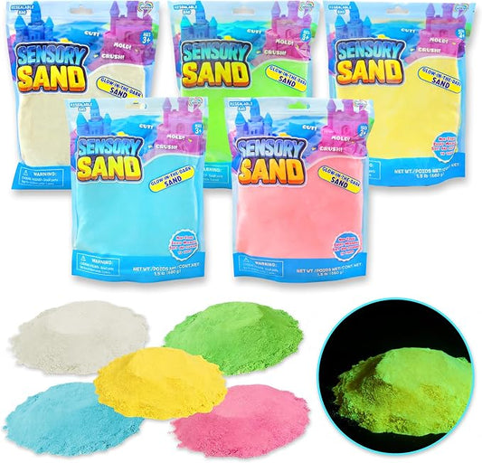 Carolart Glow in the Dark Sensory Sand Refill for Kids 7.5lb | 7.5lb Bulk Sensory Bin Filler, 5 Color Moldable Play Sand, Sensory Kit for Sand Tables, Classroom Activities & Crafts