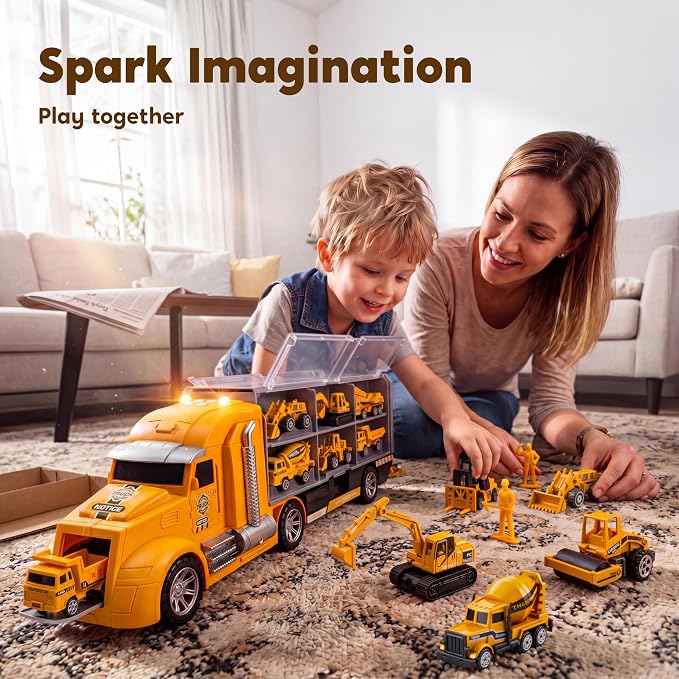 JOYIN 25-in-1 Construction Truck Toy Set with 12 Vehicles & 12 Worker Figures, Push and Go Toy Trucks with Sound and Light, Construction Toys Birthday Gifts for Kids 3 4 5 6 7 Years Old