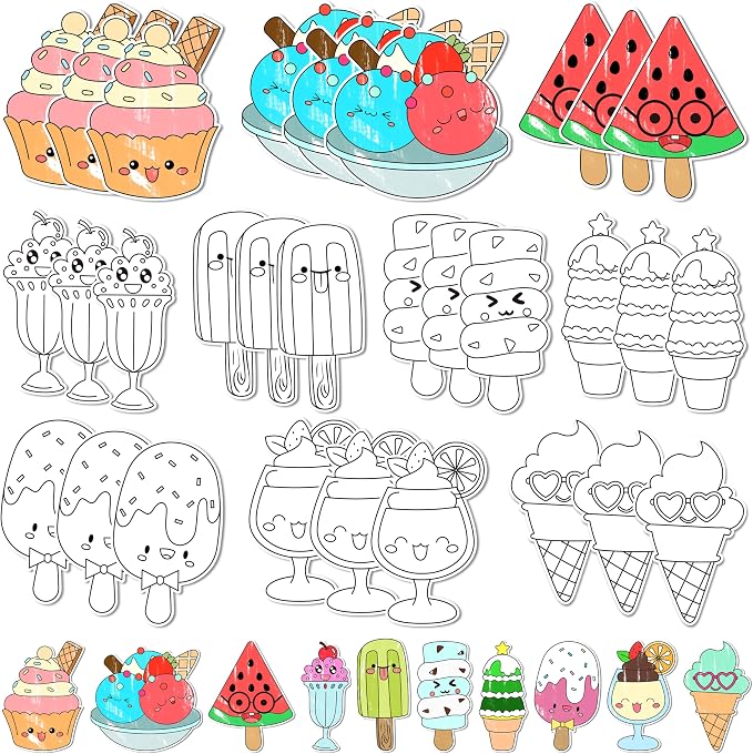 30Pcs Summer Ice Cream Coloring Magnets Arts Crafts Kits for Kids | Ice Cream Blank DIY Coloring Magnets for Summer Holiday Party Fridge Whiteboard School Classroom Activities Decors