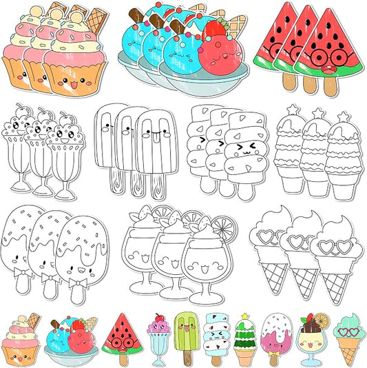 30Pcs Summer Ice Cream Coloring Magnets Arts Crafts Kits for Kids | Ice Cream Blank DIY Coloring Magnets for Summer Holiday Party Fridge Whiteboard School Classroom Activities Decors