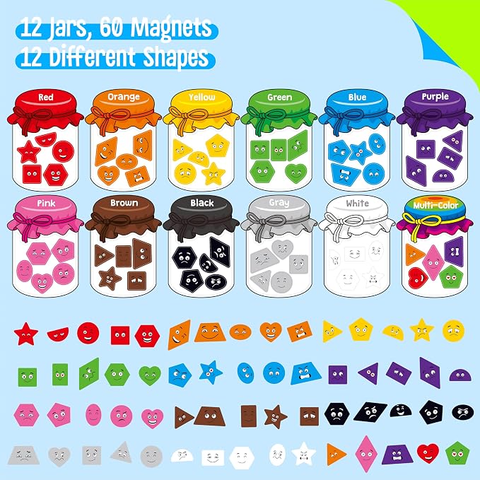 12 Pieces Magnetic Color Sorting Toys, 60 Color & Shape Magnets, Early Educational Sorting Set for Refrigerator Whiteboard Baby Toddlers Kids