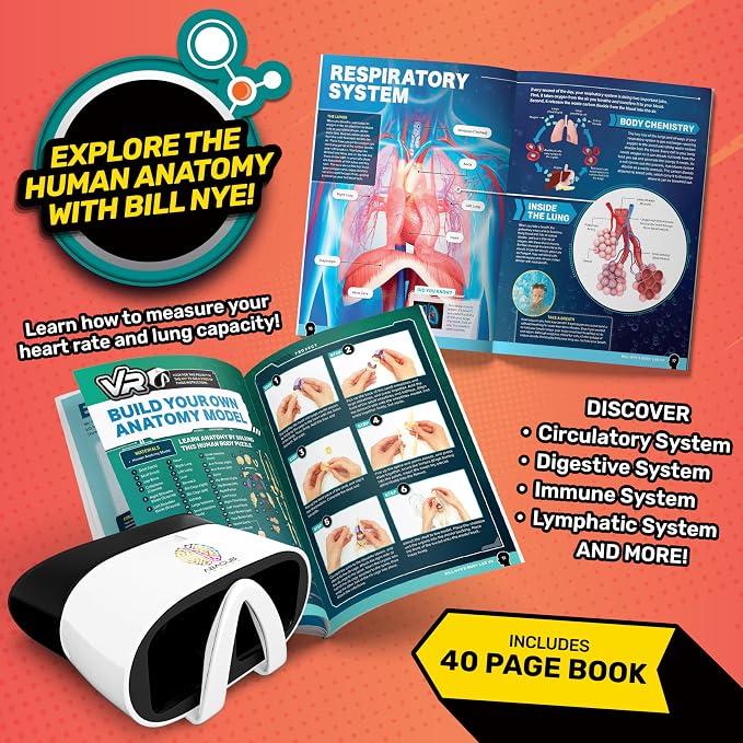 Abacus Brands Bill Nye's Science Squad Body Lab VR- Kids STEM Activity Set | Virtual Reality Goggles, 30-pc Human Anatomy Model, Working Stethoscope, 40-pg Educational Book, Hands-On Experiment, Ages 8+