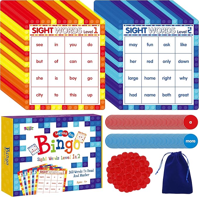 SpriteGru Sight Word Bingo Game, 160 Sight Words Learn to Read Level 1 & Level 2 Bingo Board Game Dolch's & Fry's Words Lists for Kindergarten and Preschool Kids 4-8, Perfect for Classroom & At Home