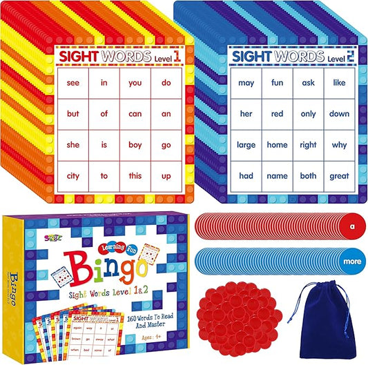 SpriteGru Sight Word Bingo Game, 160 Sight Words Learn to Read Level 1 & Level 2 Bingo Board Game Dolch's & Fry's Words Lists for Kindergarten and Preschool Kids 4-8, Perfect for Classroom & At Home