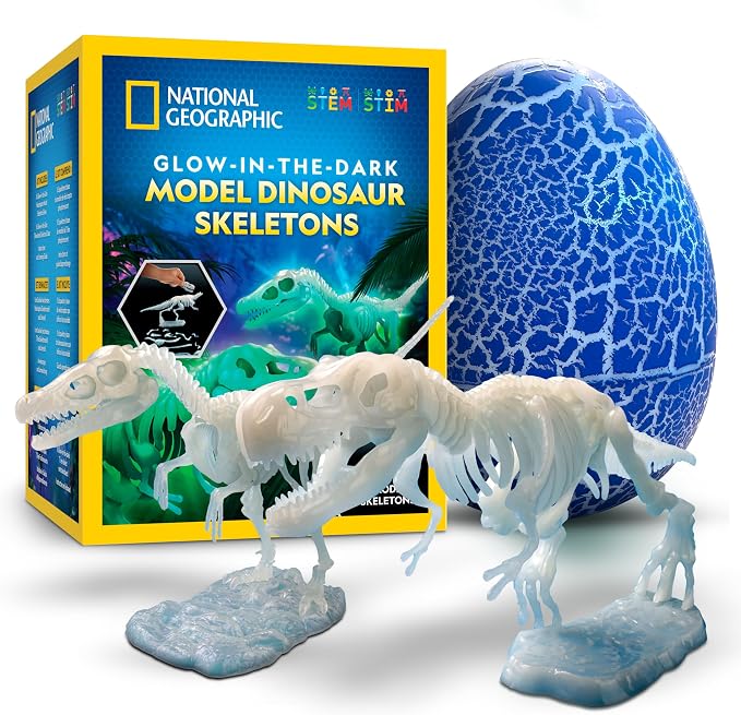National Geographic Glow-in-the-Dark Dinosaur Skeleton Model Building Kit | Build T. Rex and Velociraptor Skeletons, Glow-in-the-Dark Bones, Dinosaur Toy Egg Activity, Fossil Learning, Birthday Gift