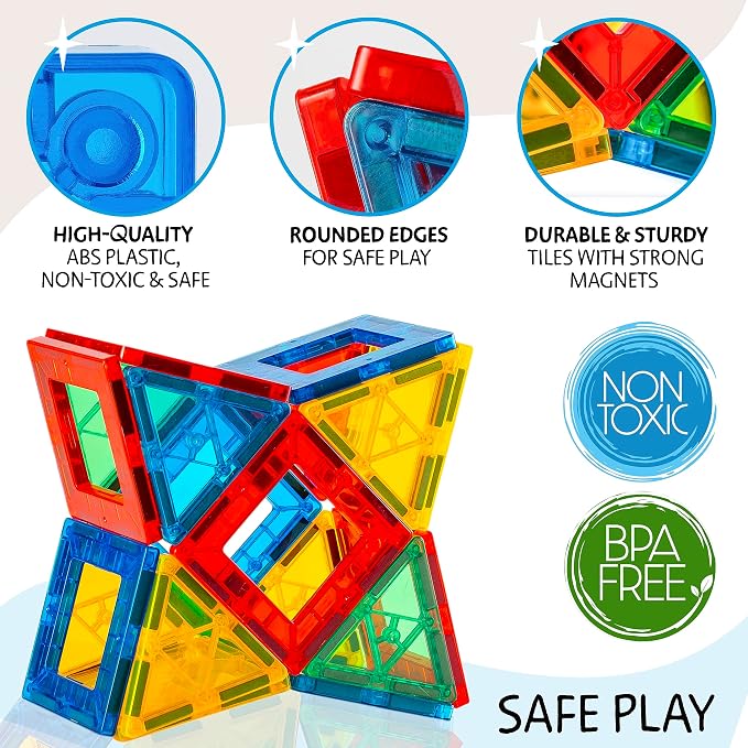 SUNNY AUNTIE Magnetic Tiles STEM Toys Building Set, Ages 3+ - 180 Pieces | Magnetic Tiles Building Toys, STEM Toys, Magnetic Blocks Construction Set, with 2 Cars & Guide Booklet for Kids Ages 3+