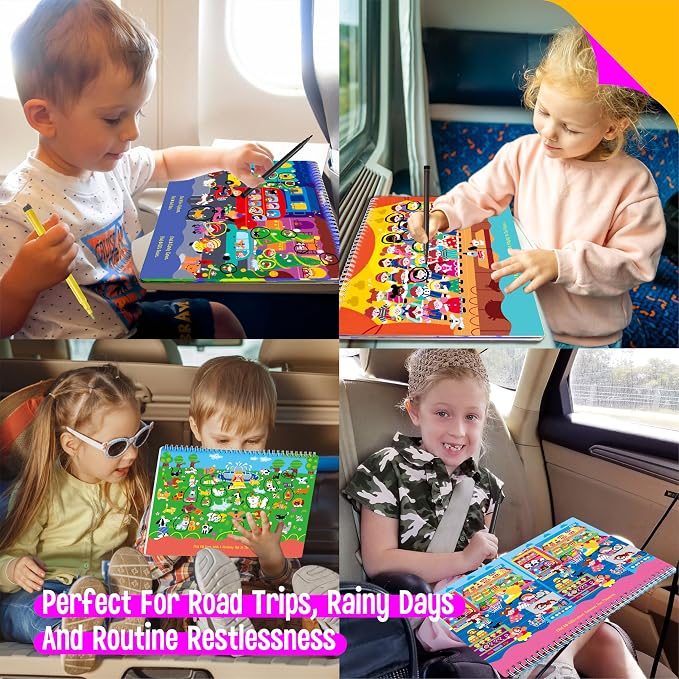 30 Dry Erase Activities Book, Reusable & Erasable Game Pad, Explore and Find Games Montessori Learning Tool Educational Autism Sensory Toys for Kids, Road Trip, Airplane, Travel (Markers Included)
