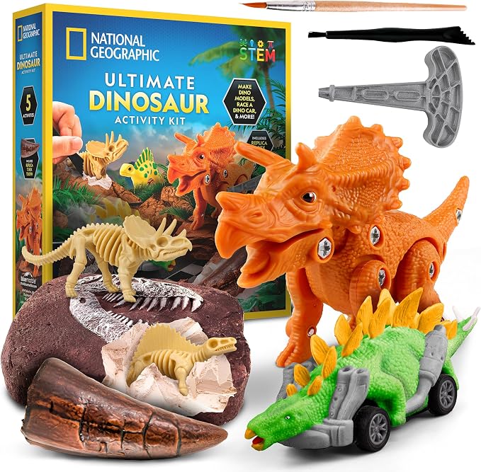 National Geographic Ultimate Dinosaur Toy Activity Kit with 5 Projects | Build a Triceratops, Dig Out a T. Rex Tooth, Paint a Dino Car, Create Clay Models, 5 Hands-On Craft Activities, Birthday Gift