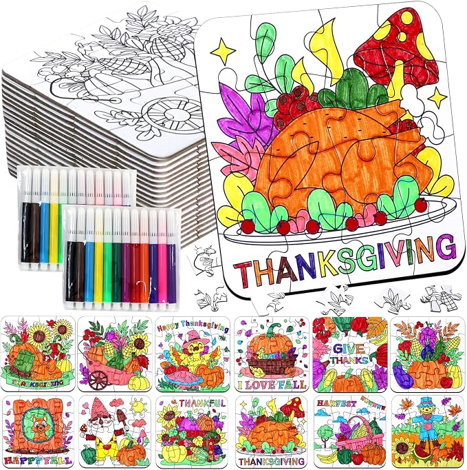 Thanksgiving Fall Crafts for kids, Autumn Art Activity DIY Blank Puzzle Toy | 24 Set Thanksgiving Craft Pumpkin Turkey, Fall Classroom Gift for Toddler Adult Party Favors Coloring Game Supplies Bulk
