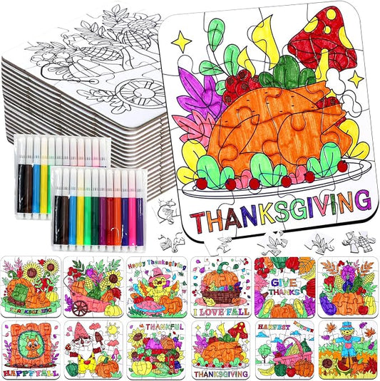 Thanksgiving Fall Crafts for kids, Autumn Art Activity DIY Blank Puzzle Toy | 24 Set Thanksgiving Craft Pumpkin Turkey, Fall Classroom Gift for Toddler Adult Party Favors Coloring Game Supplies Bulk