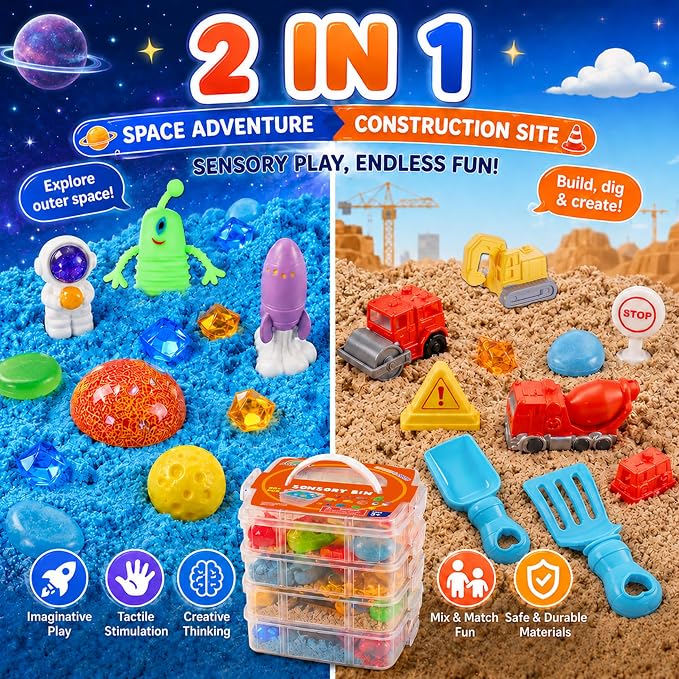 AGENTLAN Stackable Sensory Bin, Construction & Space Sensory Sand Play Set | Construction and space themes play sand kit, gift for toddlers, boys and girls ages 3+